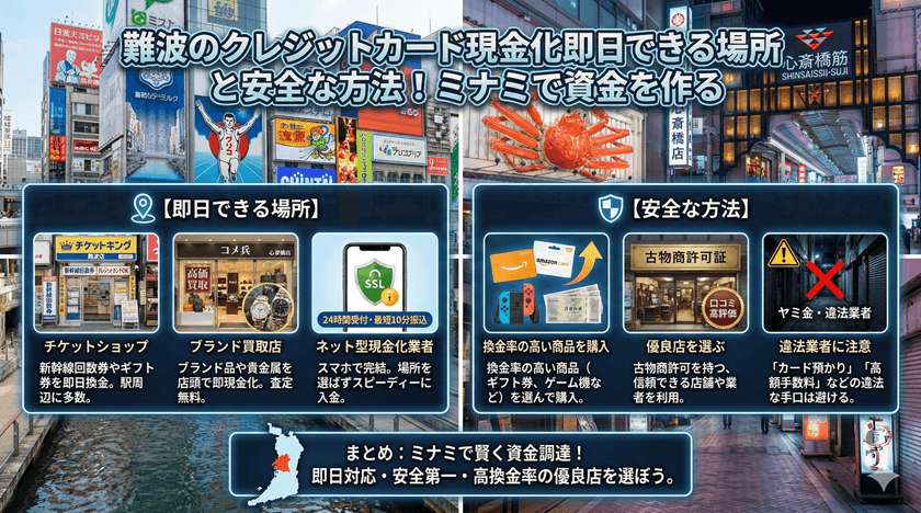 難波クレジットカード現金化即日できる場所と安全な方法！ミナミで資金を作る