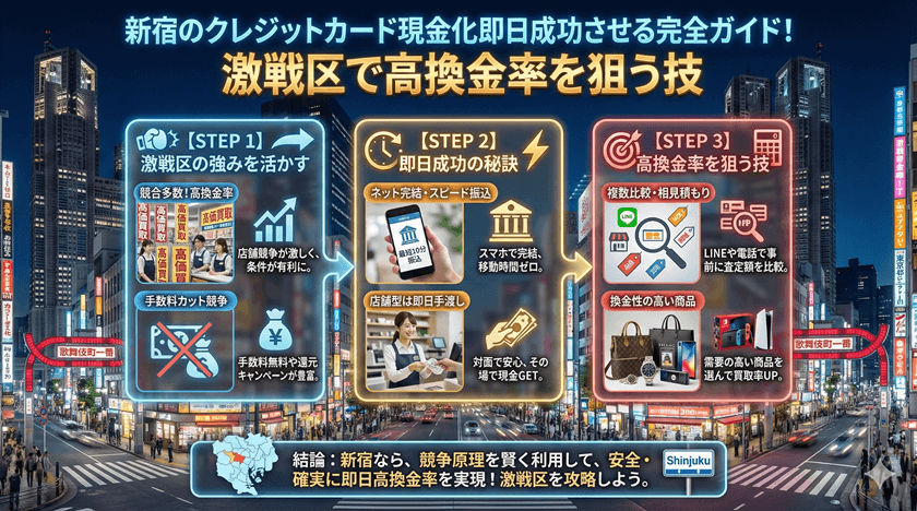 新宿クレジットカード現金化即日成功させる完全ガイド！激戦区で高換金率を狙う技