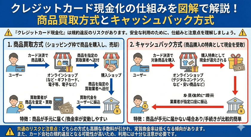 クレジットカード現金化仕組みを図解で解説！商品買取方式とキャッシュバック方式