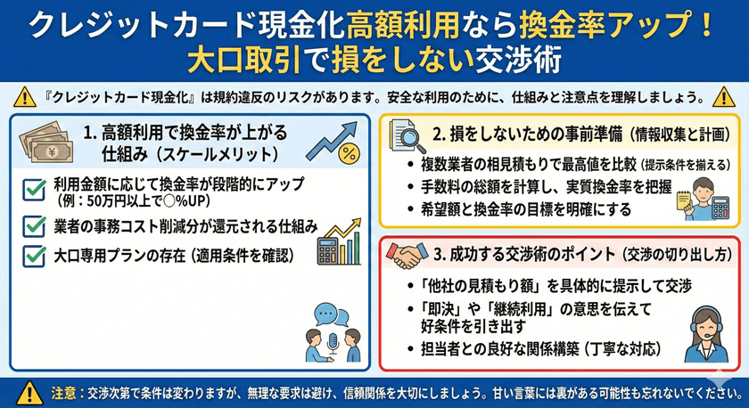 クレジットカード現金化高額利用なら換金率アップ!大口取引で損をしない交渉術