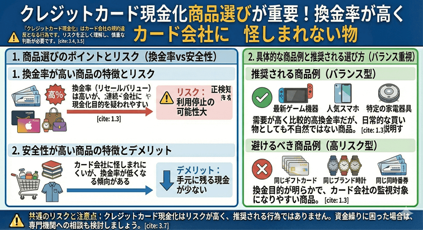 クレジットカード現金化商品選びが重要!換金率が高くカード会社に怪しまれない物