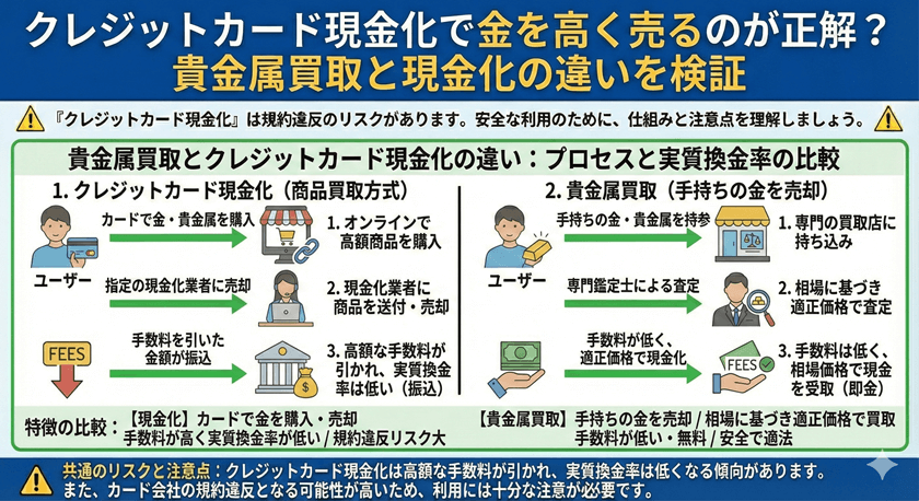 クレジットカード現金化で金を高く売るのが正解?貴金属買取と現金化の違いを検証